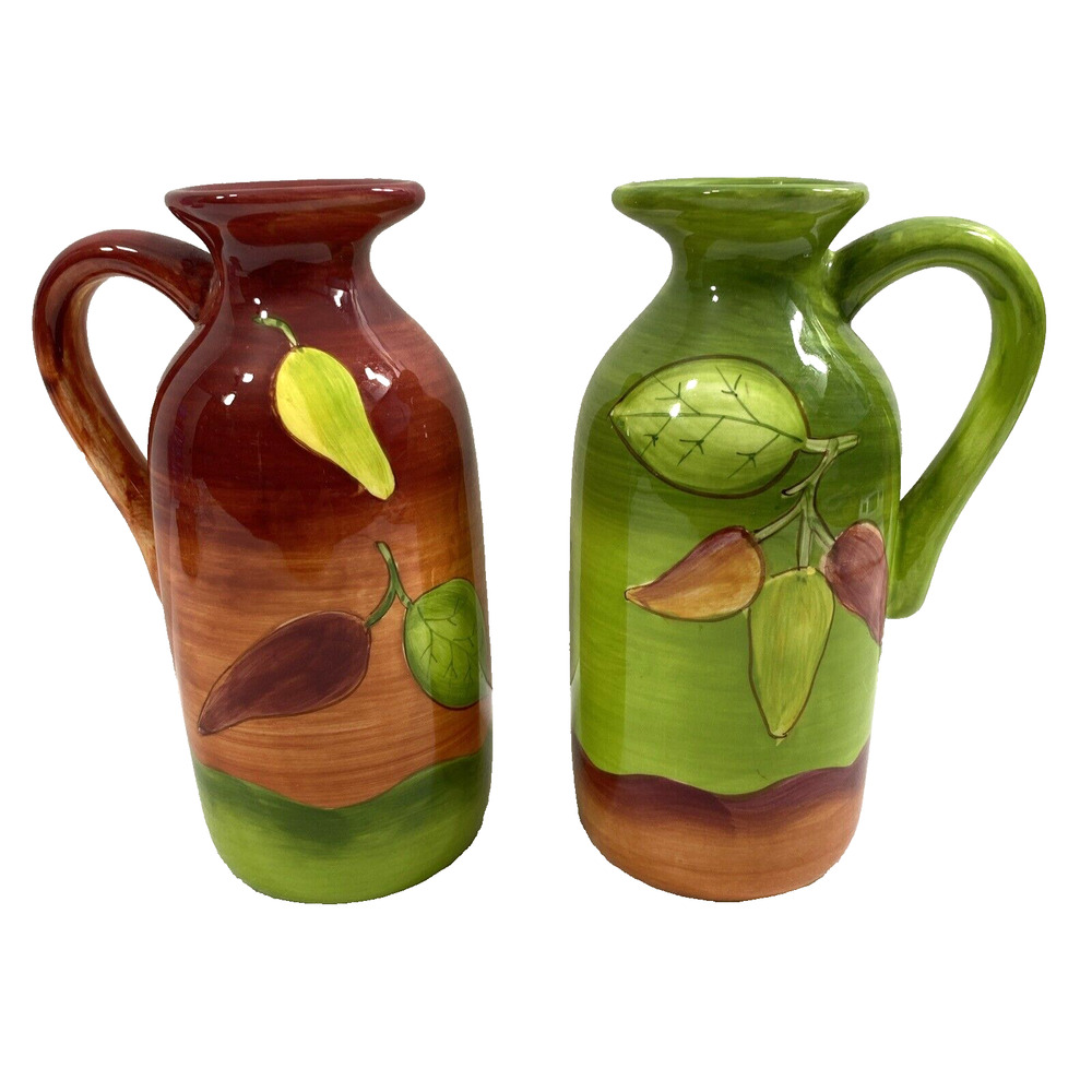 Vinegar & Oil Cruet Set Ceramic Chili Peppers Home‎ Decor Handle Spout
